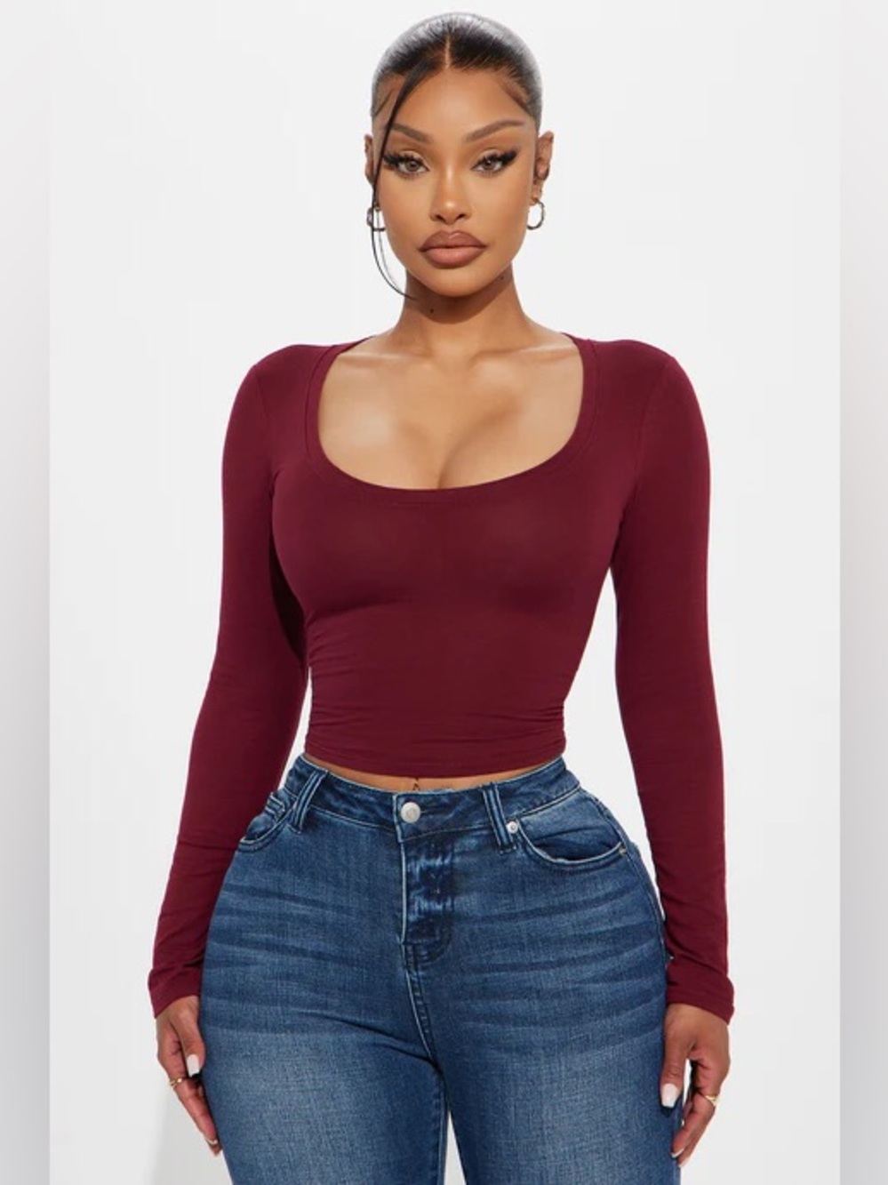 ❥𝐁𝐎𝐙𝐙𝐎𝐋𝐎: Diana Long Sleeve Scoop Neck Baby Tee - Burgundy